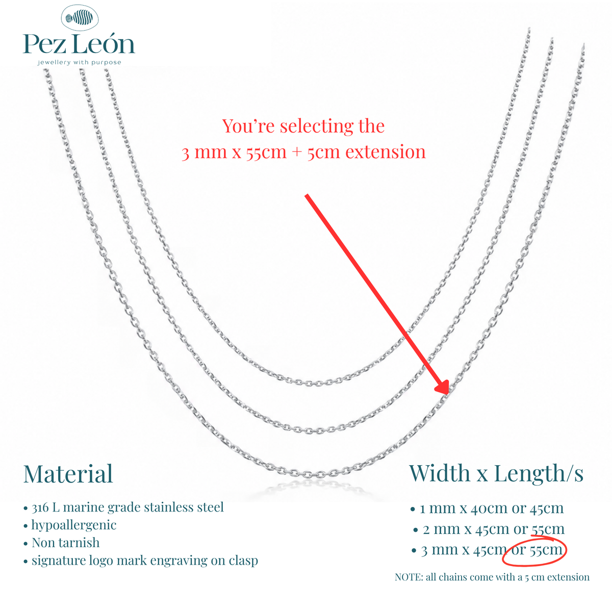 Signature Anchor Cable Chain - 316L Stainless Steel / 3mm / 55cm