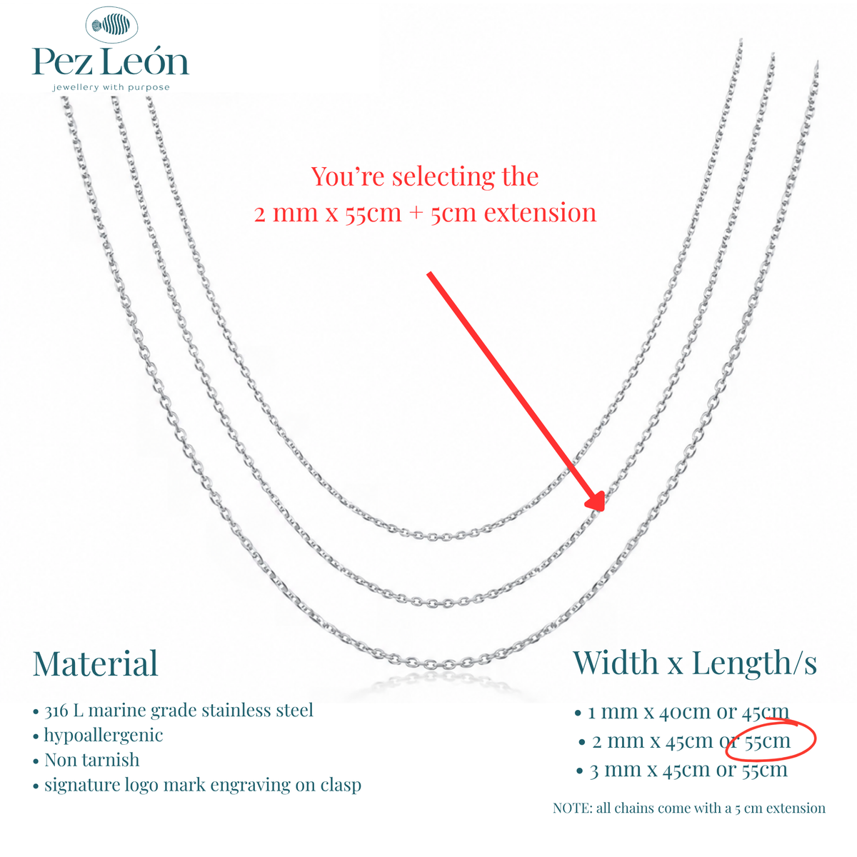 Signature Anchor Cable Chain - 316L Stainless Steel / 2mm / 55cm