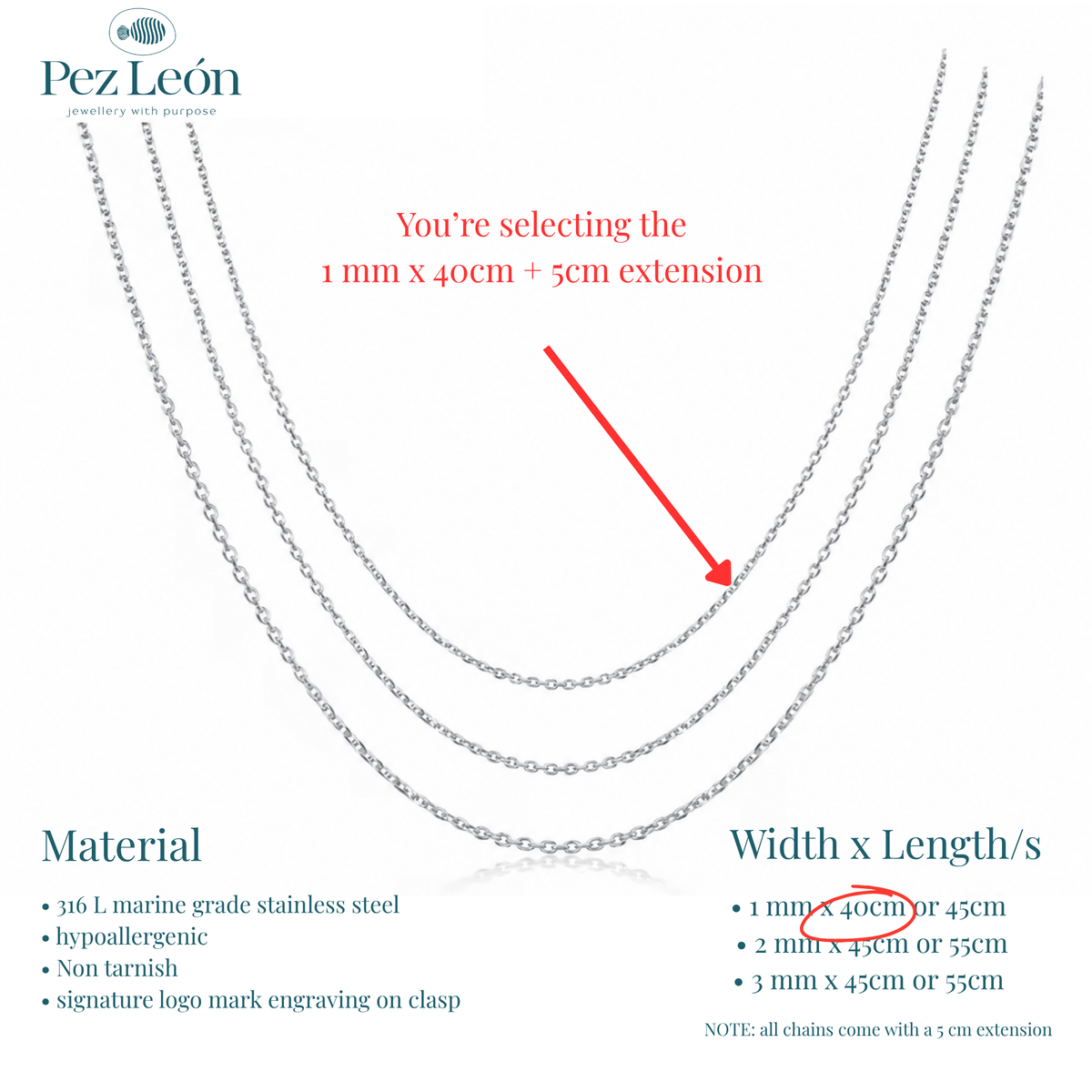 Signature Anchor Cable Chain - 316L Stainless Steel / 1mm / 40cm